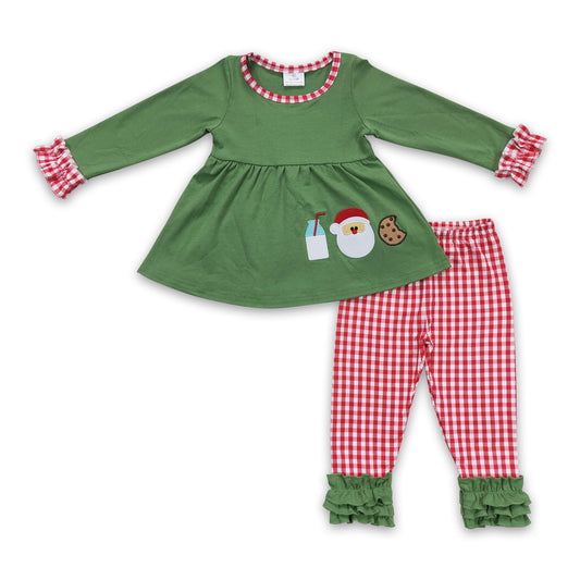 Milk santa biscuit embroidery tunic plaid pants girls Christmas clothes