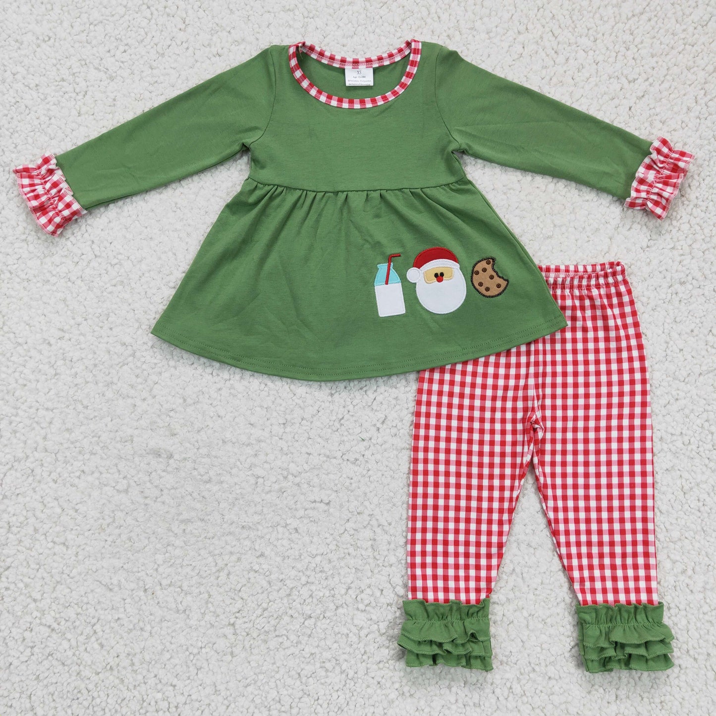 Milk santa biscuit embroidery tunic plaid pants girls Christmas clothes