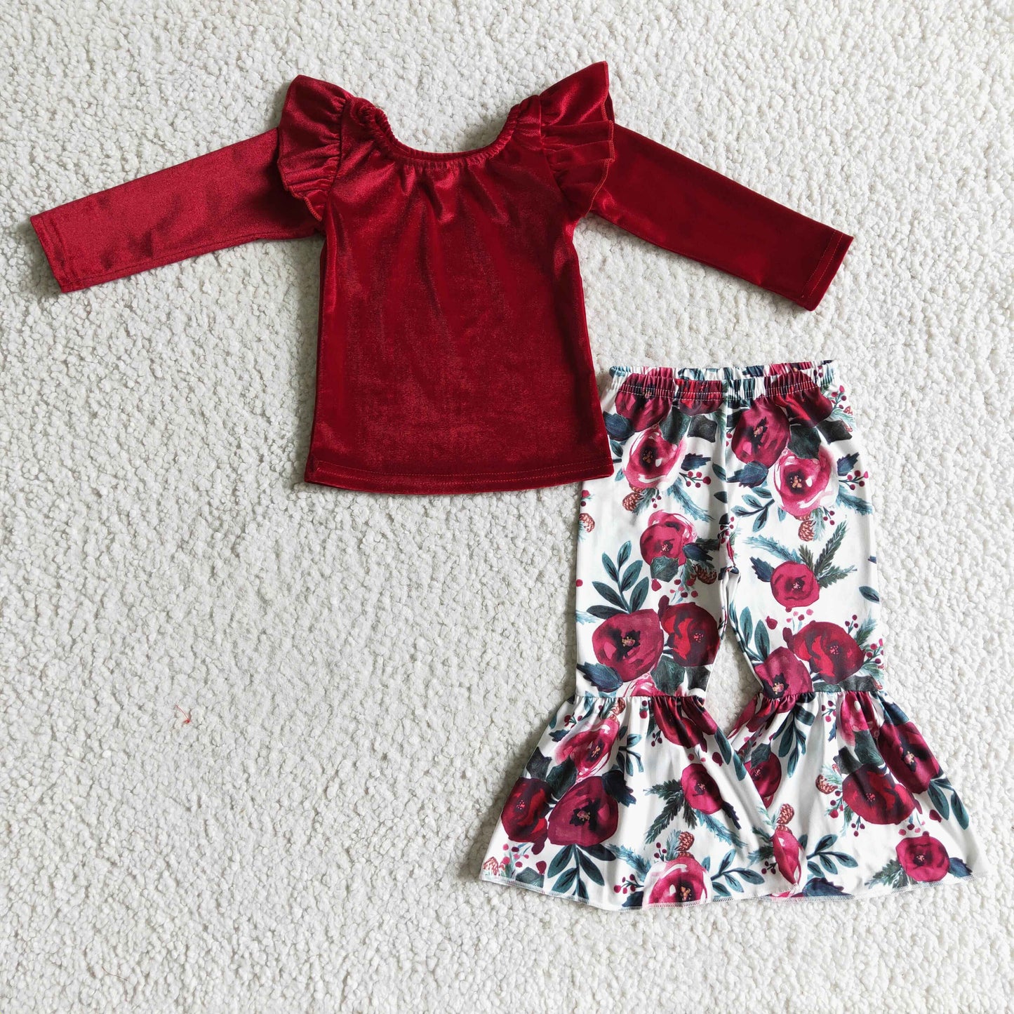 Red velvet shirt floral pants girls clothing set