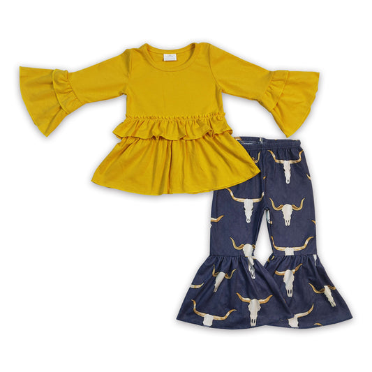 Mustard ruffle tunic cow bell bottom pants girls western outfits