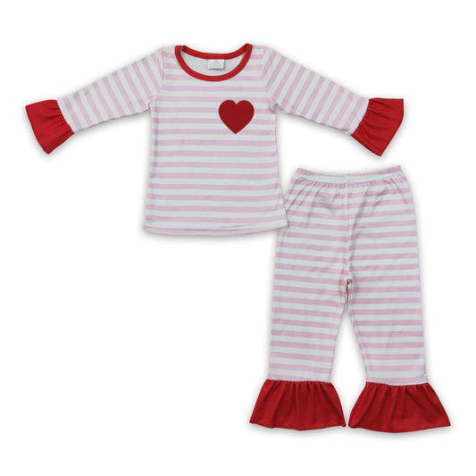 Red heart embroidery pink stripe baby girls valentine's pajamas