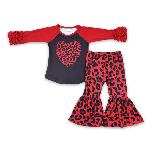 Red leopard heart bell bottom pants girls Valentine's day clothes
