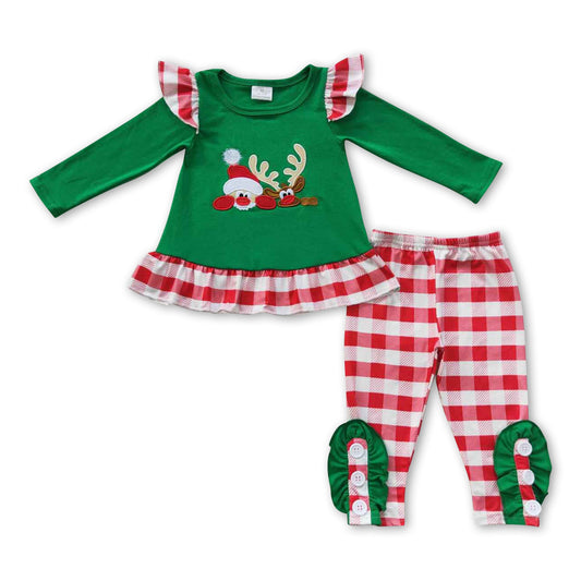 Deer ruffle top plaid leggings baby girls Christmas outfits