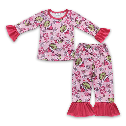 Pink green face long sleeves girls Christmas pajamas