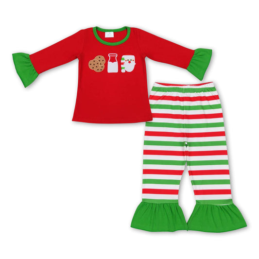 Cookie milk santa red top stripe pants girls Christmas pajamas