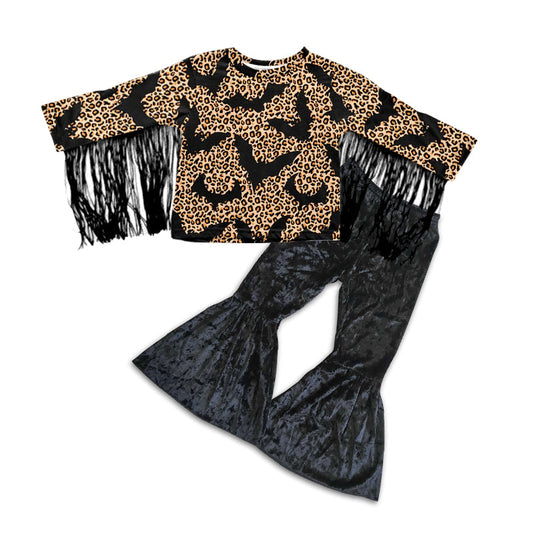 Bat leopard tassels top velvet pants girls Halloween clothes