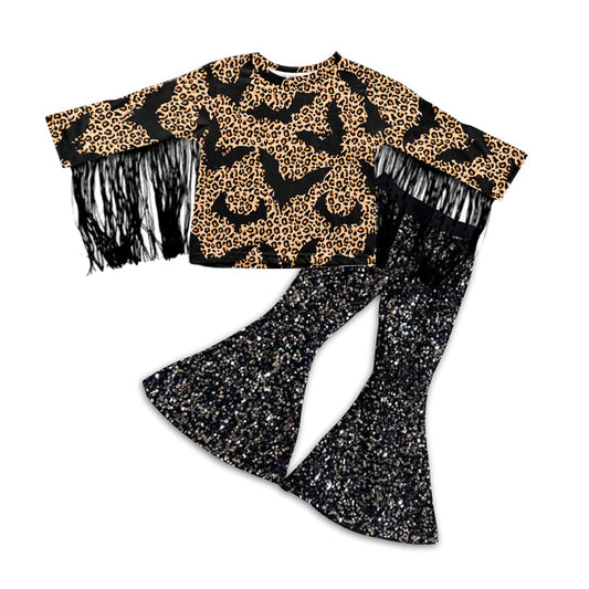 Bat leopard tassels top sequin pants girls Halloween outfits