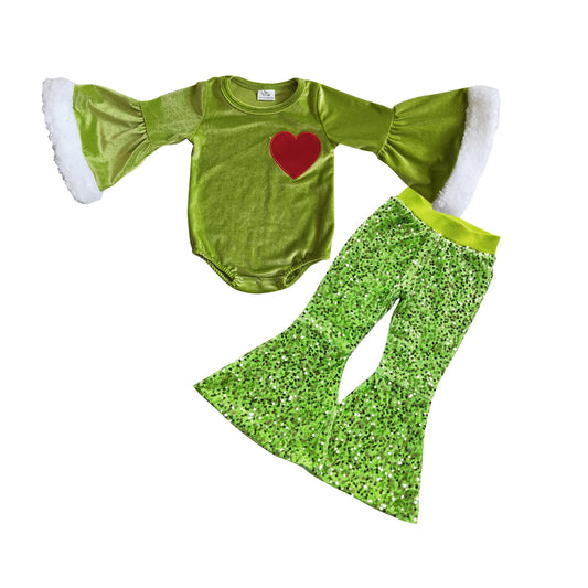 Heart embroidery green face romper sequin pants girls Christmas outfits