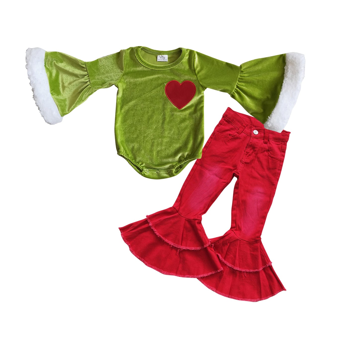 Heart embroidery green face romper red jeans girls Christmas outfits