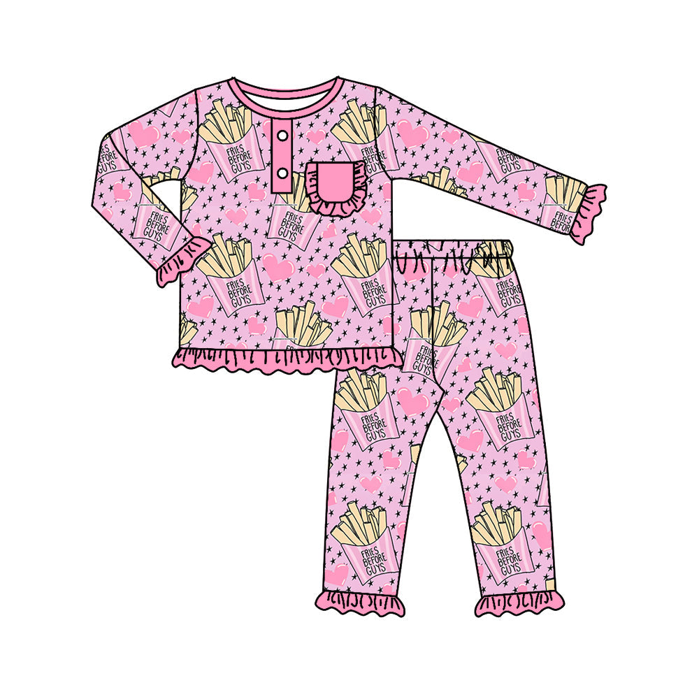 Pink heart fries long sleeves girls valentine's day pajamas