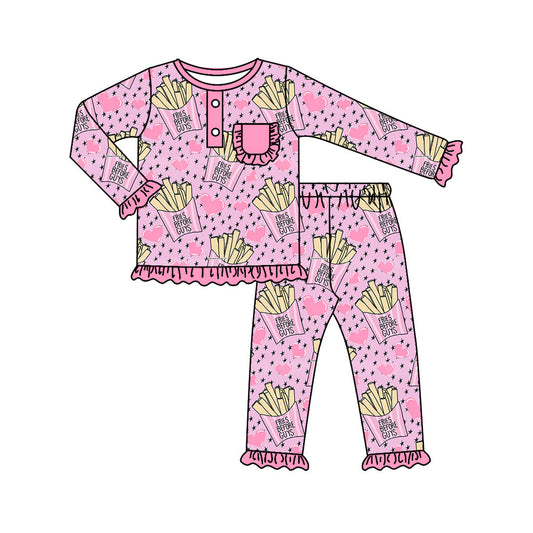 Pink heart fries long sleeves girls valentine's day pajamas