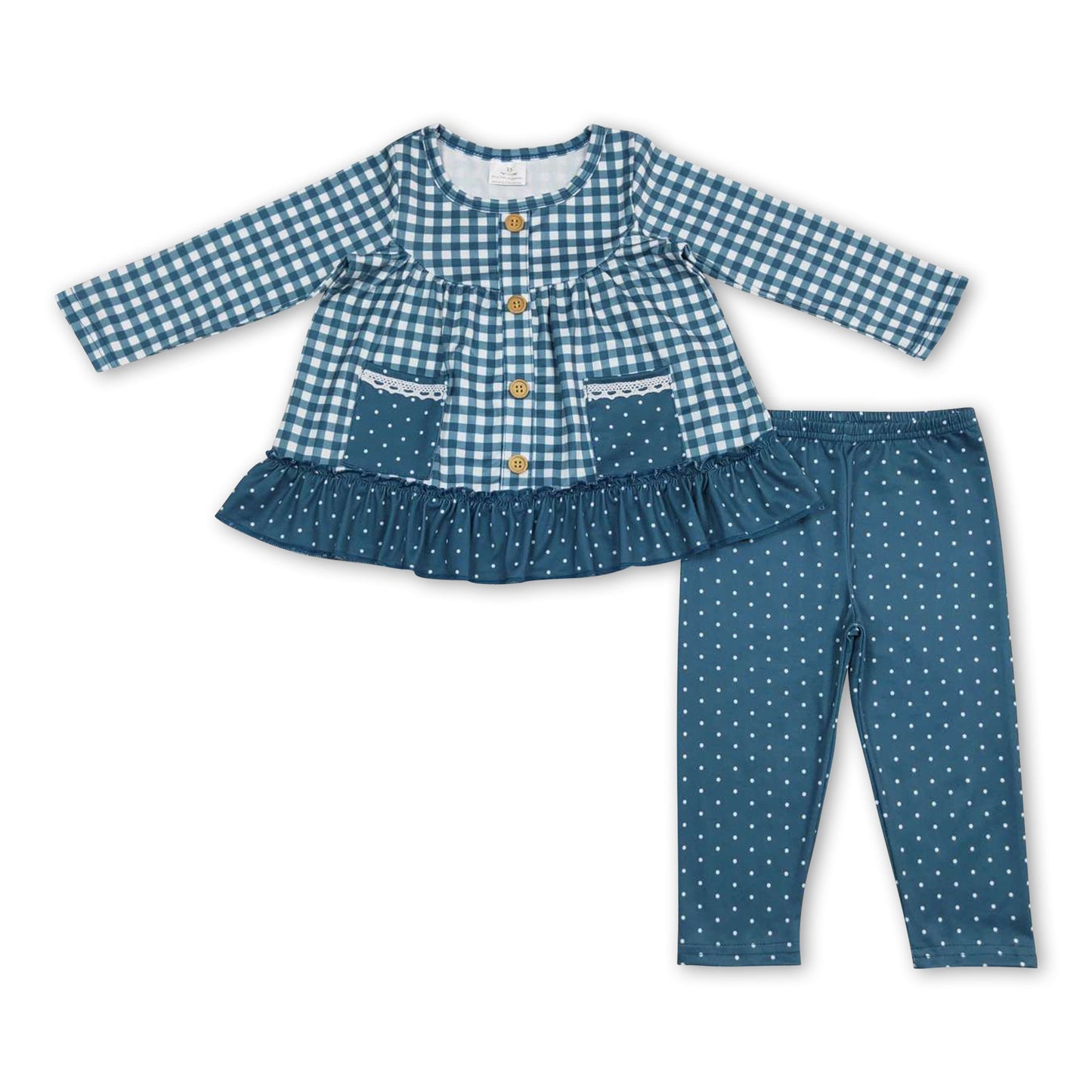 Plaid pocket tunic polka dots leggings girls clothing set