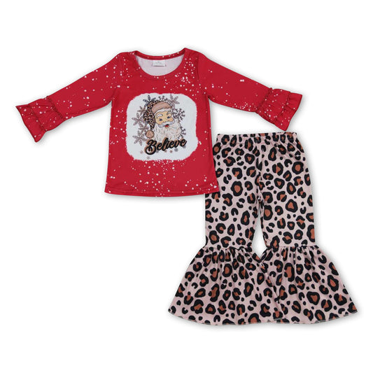 Santa leopard believe top pants girls Christmas outfits