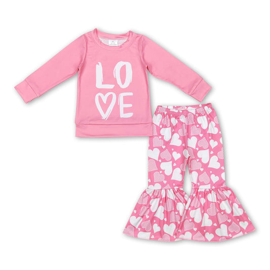 Pink love top heart bell bottom pants girls valentine's outfits