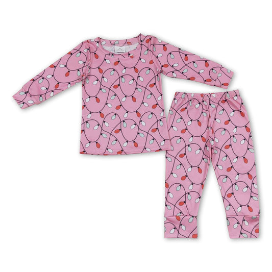 Pink long sleeves Christmas lighting girls pajamas