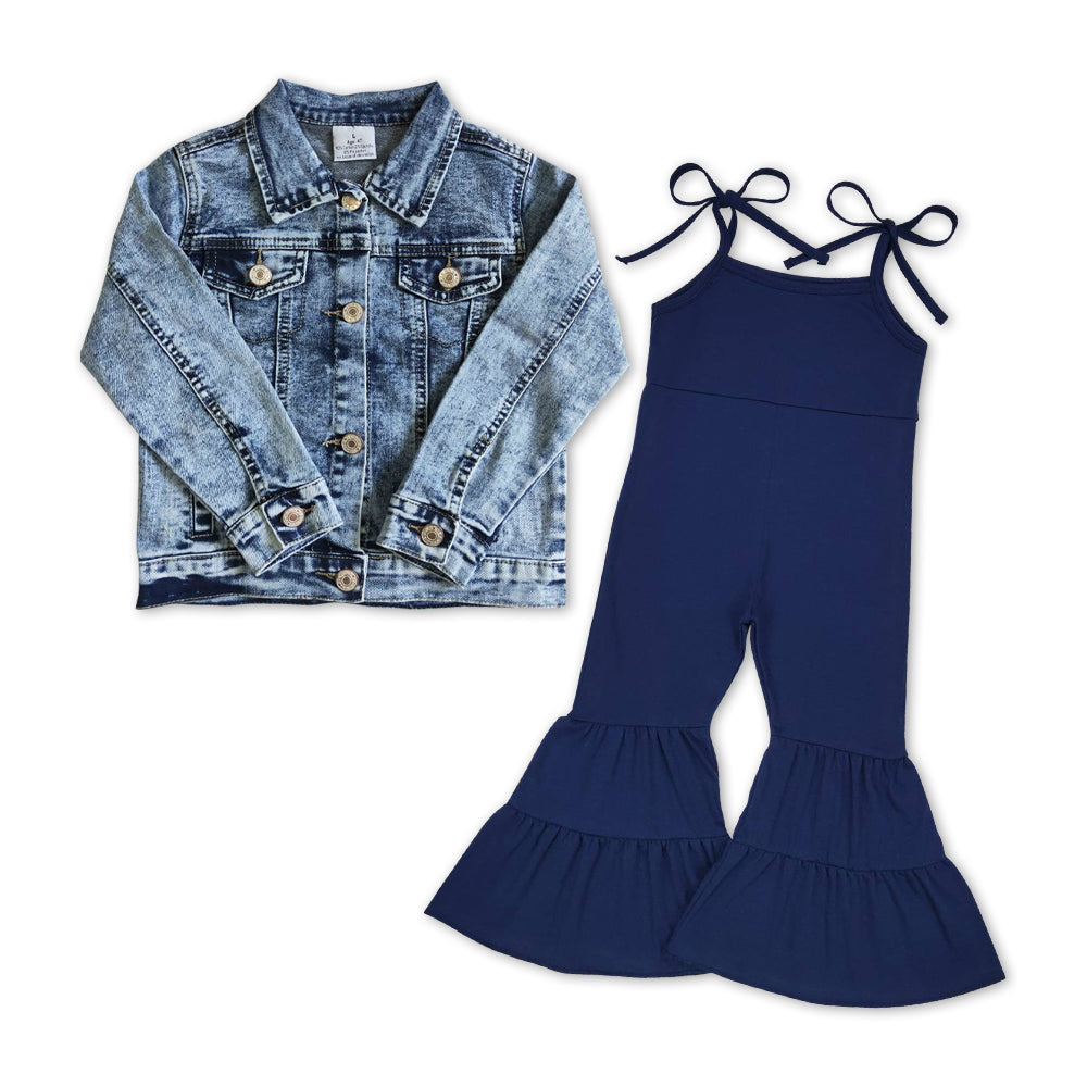 Light blue denim jacket navy jumpsuit girls outfits