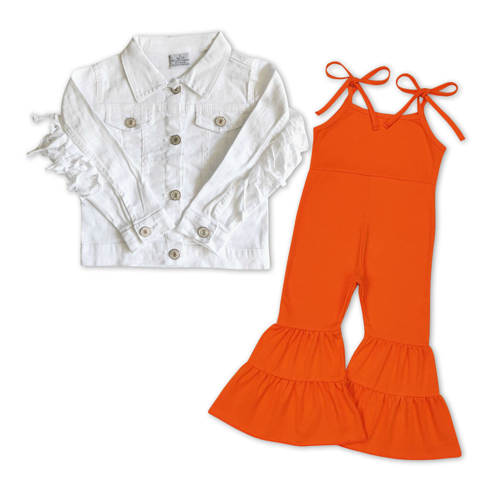 White tassels denim jacket orange jumpsuit girls outfits