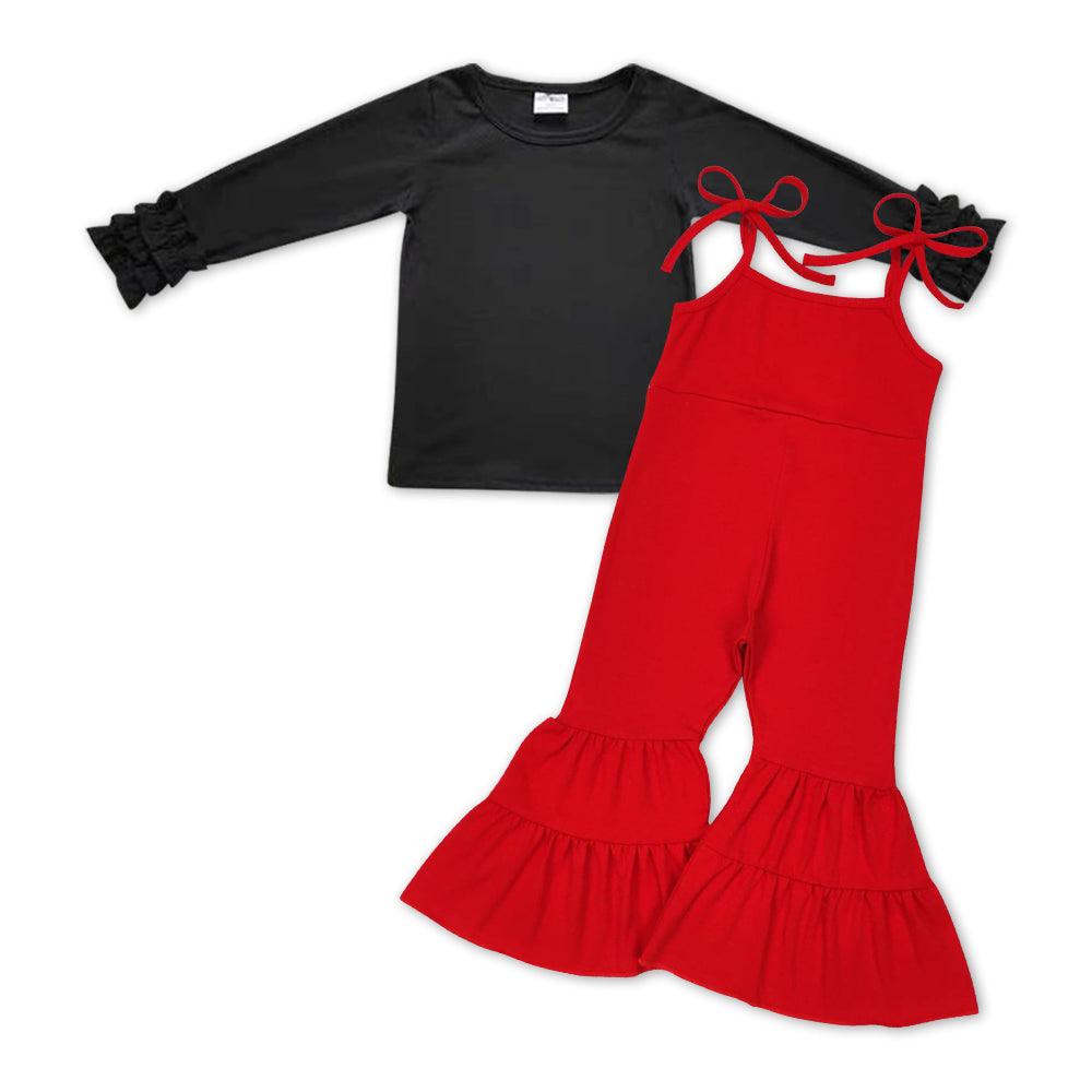 Black shirt red jumpsuit girls clothing set