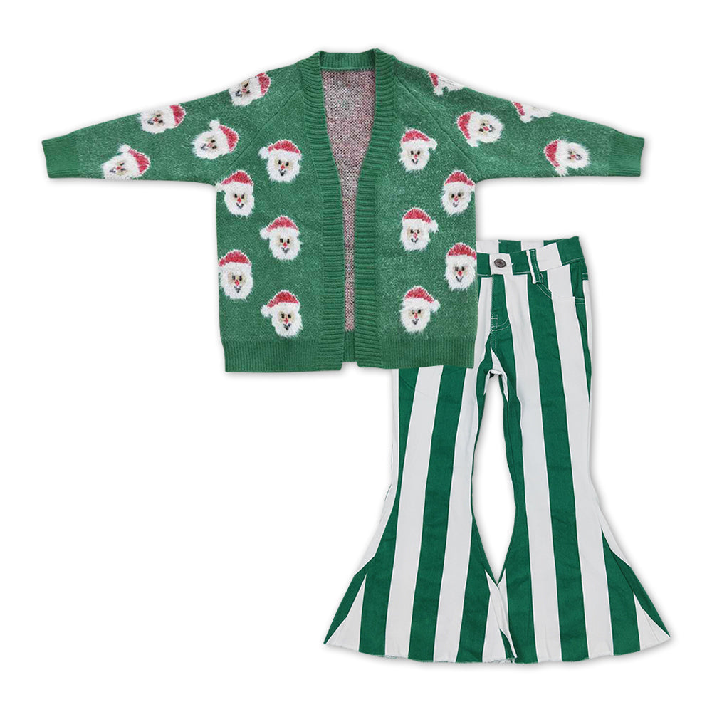 Santa cardigan sweater green jeans girls clothing set