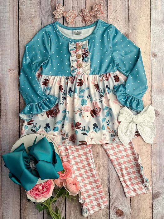 Long sleeves floral tunic plaid leggings girls clothes