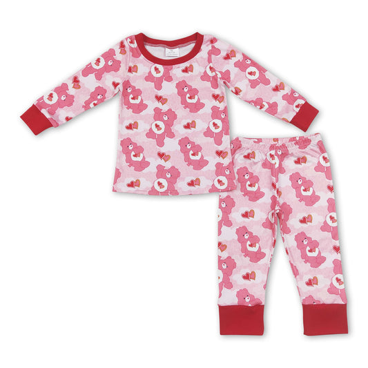 Pink heart bear long sleeves girls valentine's pajamas