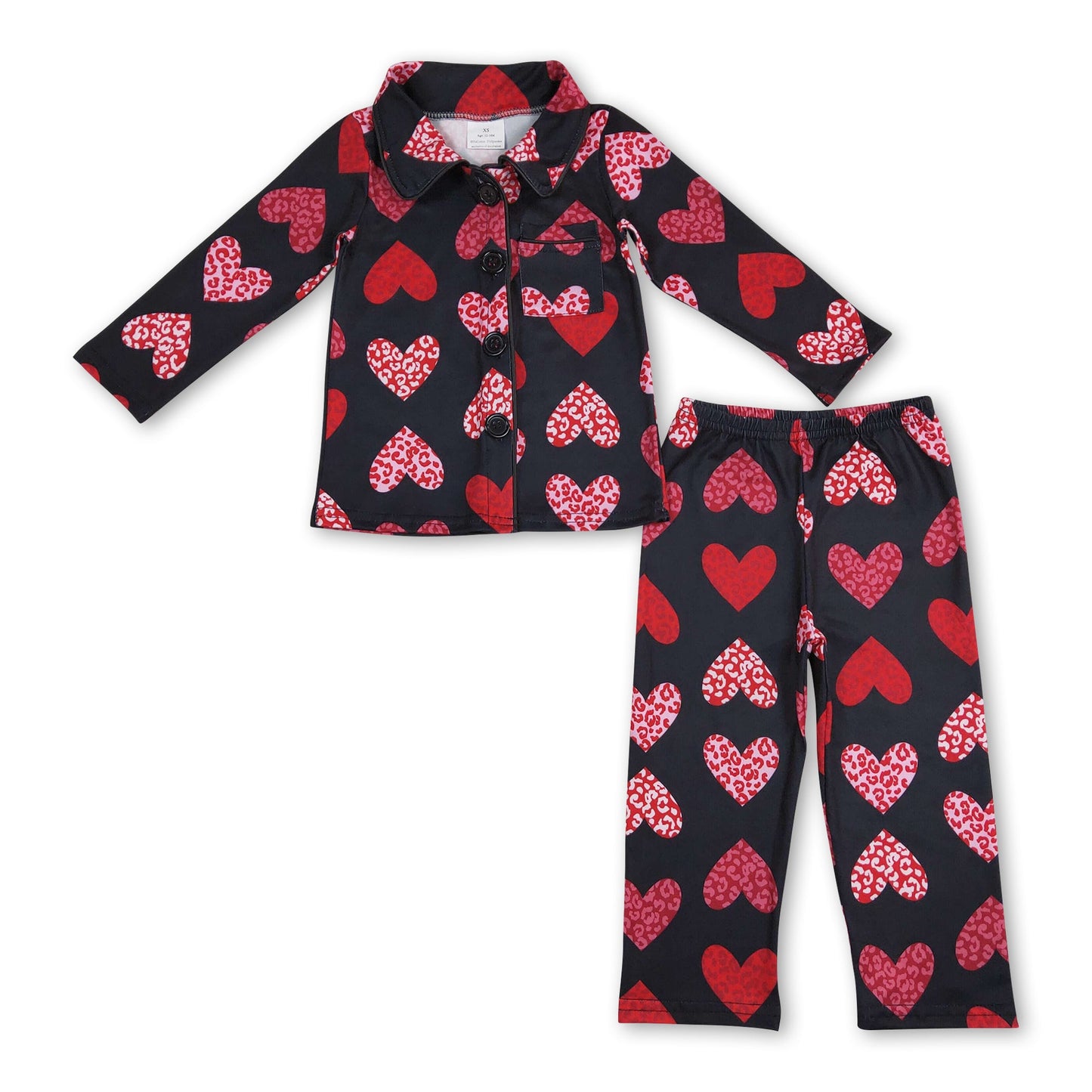 Black leopard heart girls valentine's button down pajamas