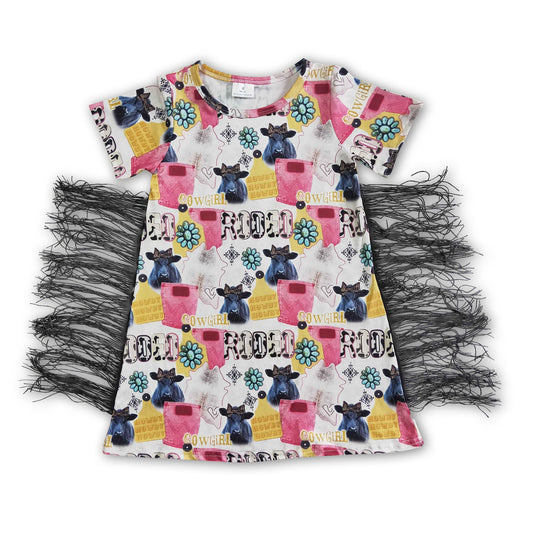 Short sleeve rodeo tassels girls cow dresses