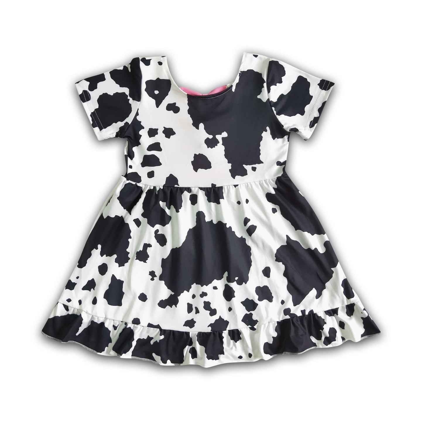 Black cow print short sleeve bow backless baby girls summer dresses