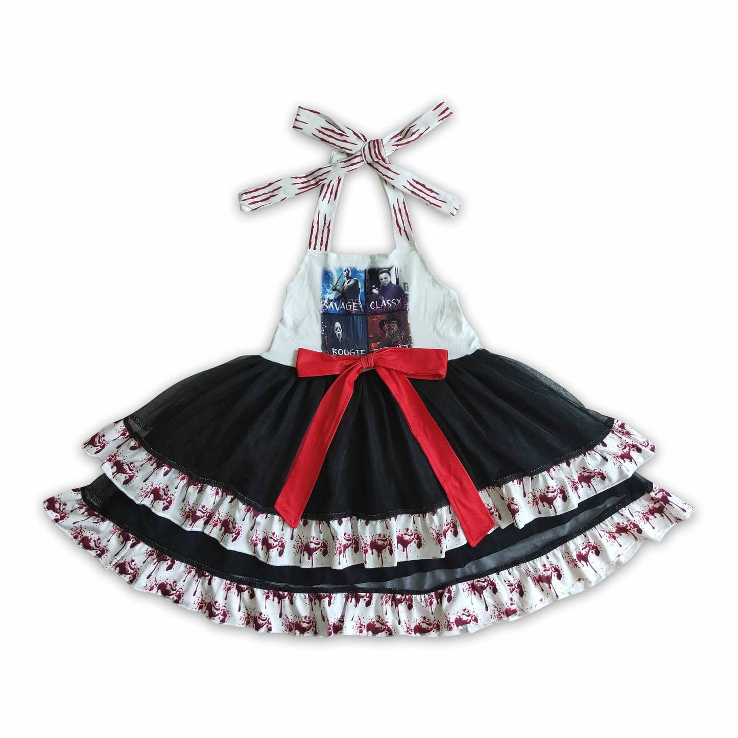 Backless sleeveless bow tulle ruffle girls Halloween dresses