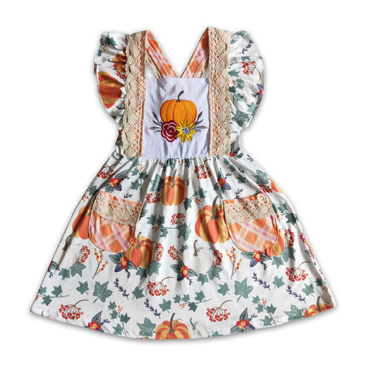 Pumpkin embroidery flutter sleeves girls fall dresses