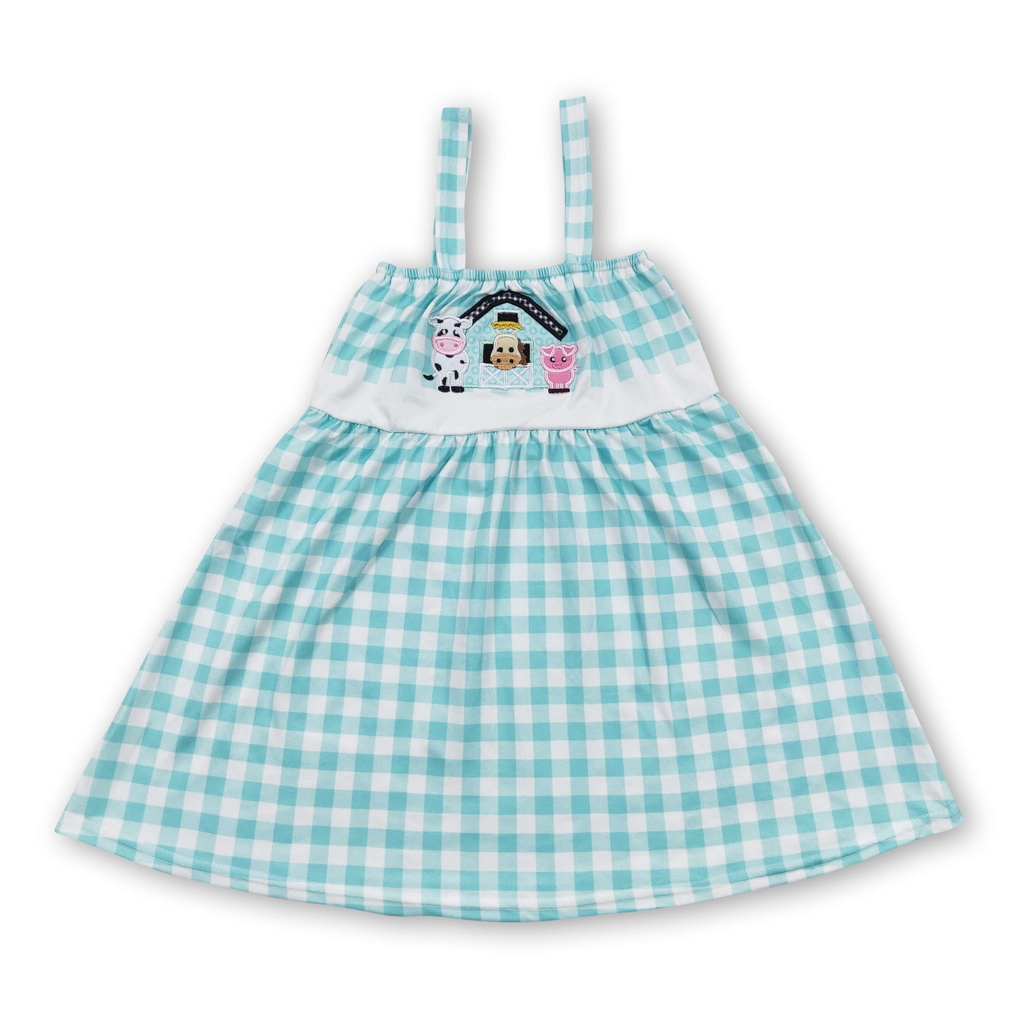 Pig cow embroidery sleeveless plaid girls farm dress