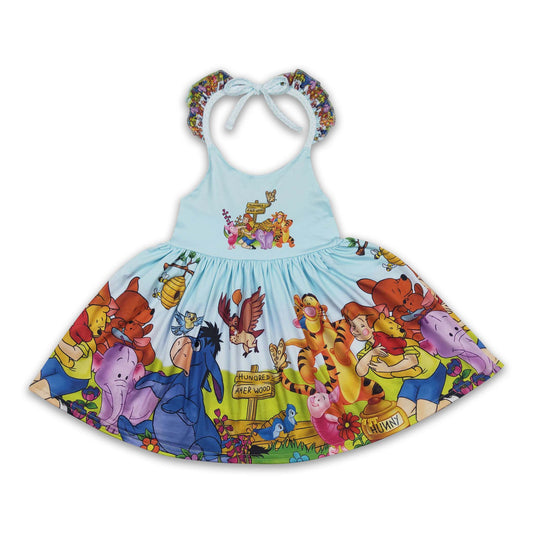 Backless sleeveless bear print kids girls dresses