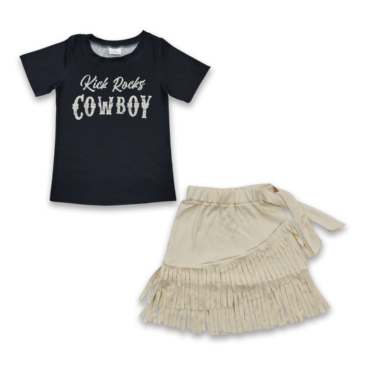 Short sleeves cowboy shirt fringe skirt girls outfits