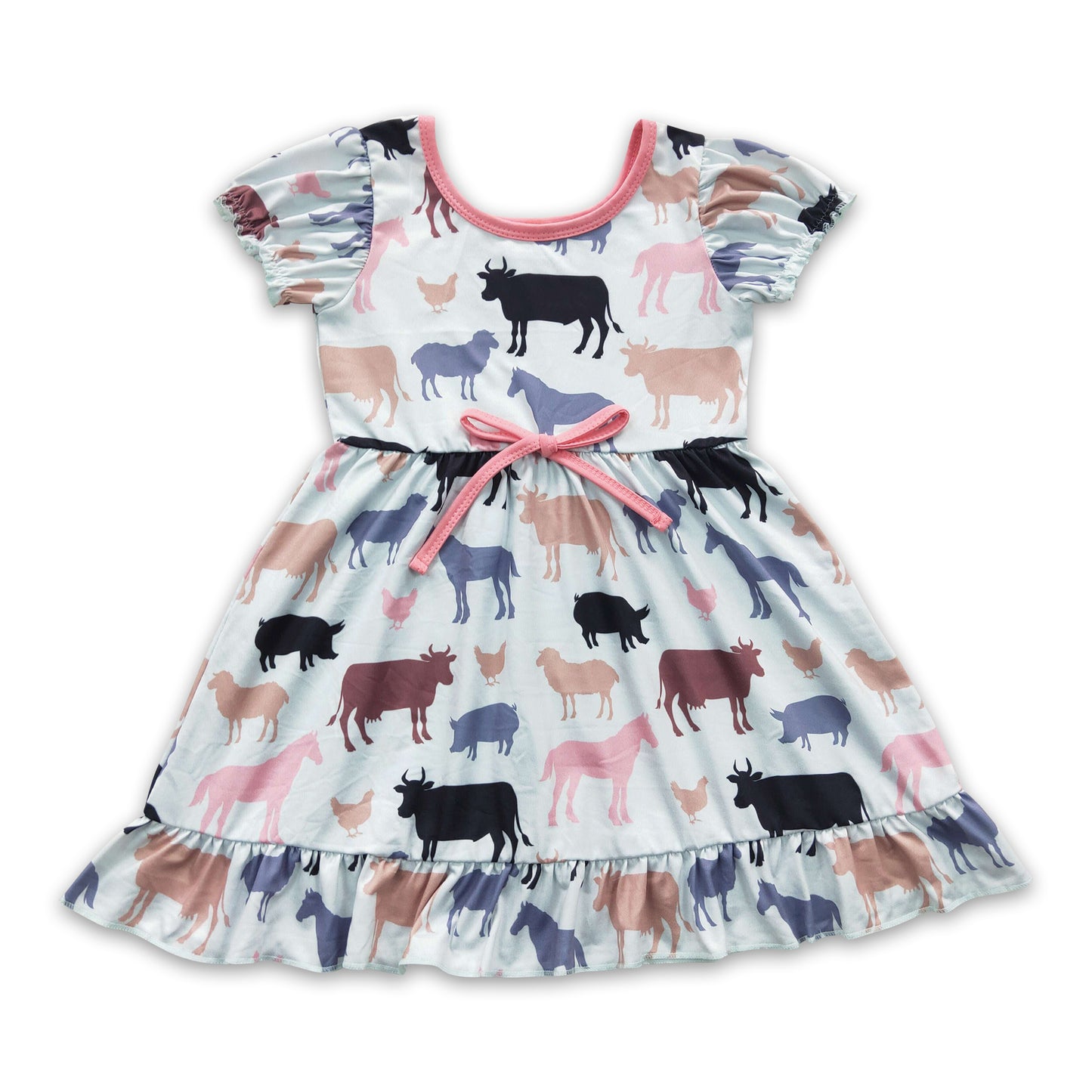 Cow horse pig sheep short sleeves girls farm dress