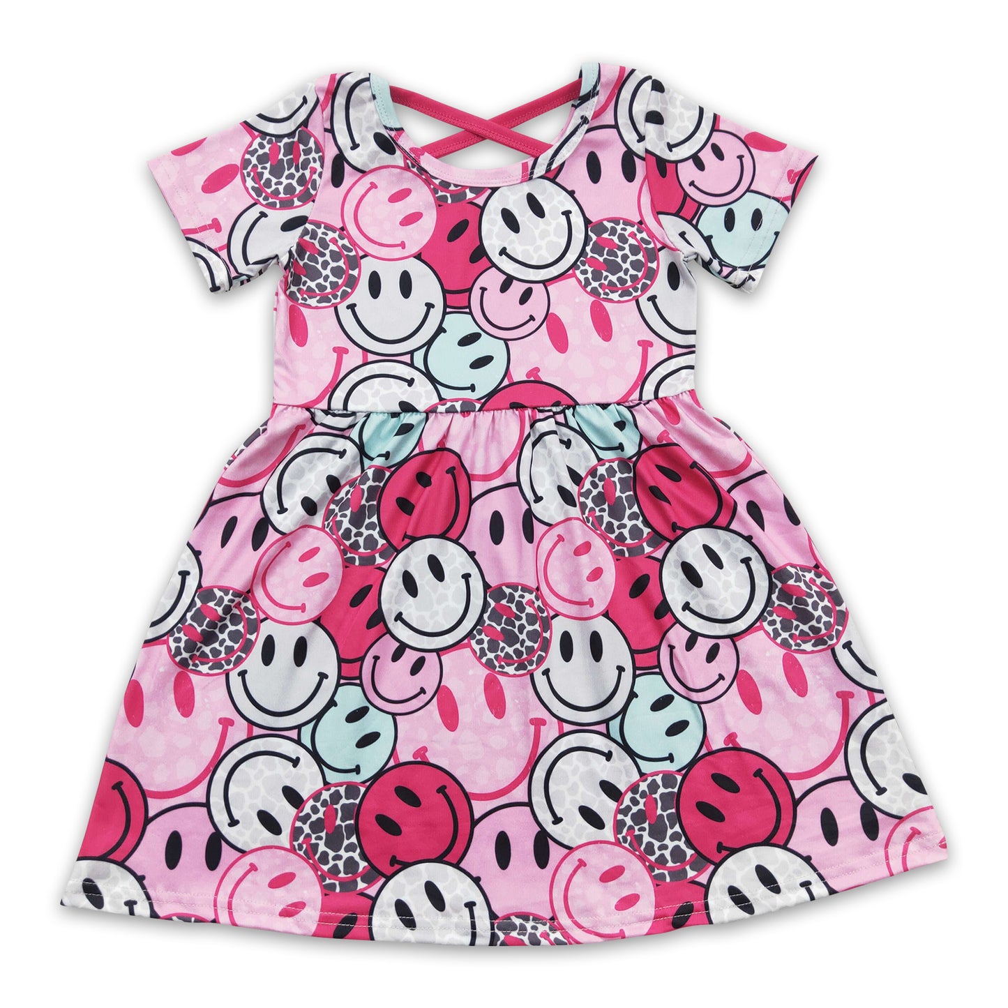 Hot pink short sleeves smile leopard baby girls summer dresses