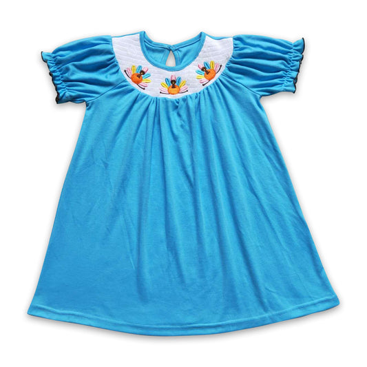 Turkey smocked blue short sleeves girls Thanksgiving dress