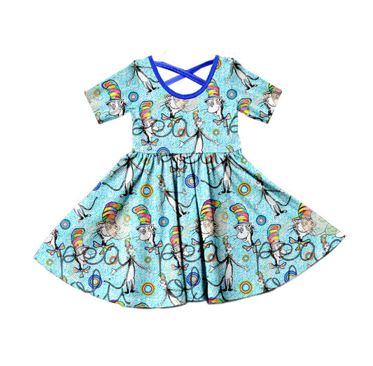 Blue short sleeves cat kids girls dresses