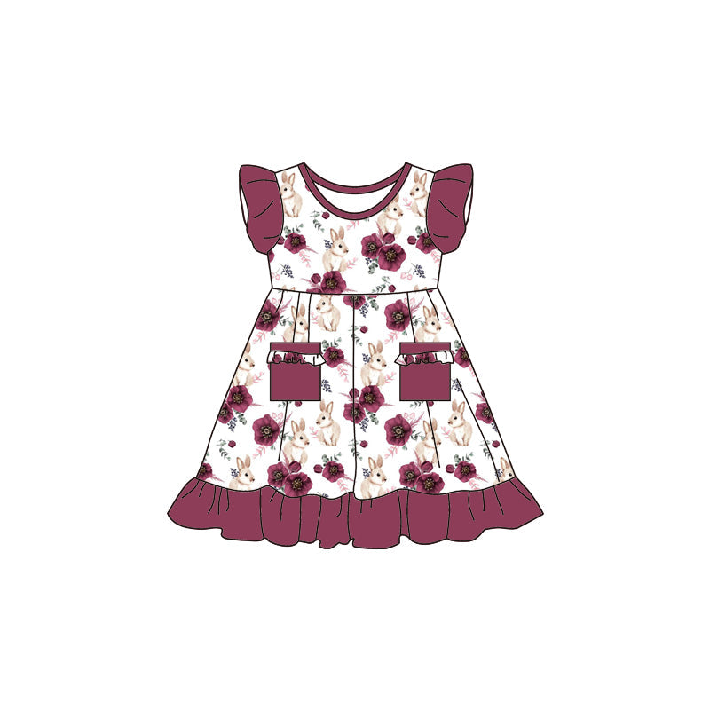 Flutter sleeves maroon bunny pocket girls easter dress