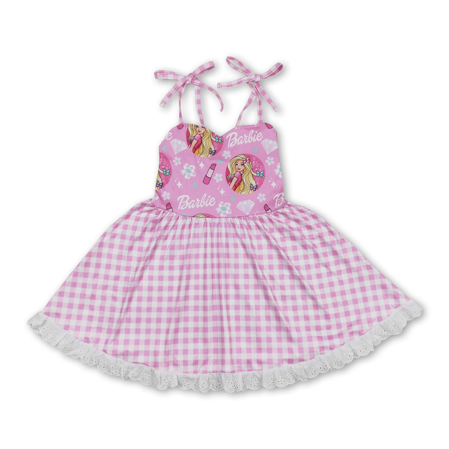 Pink suspender plaid party girls dresses