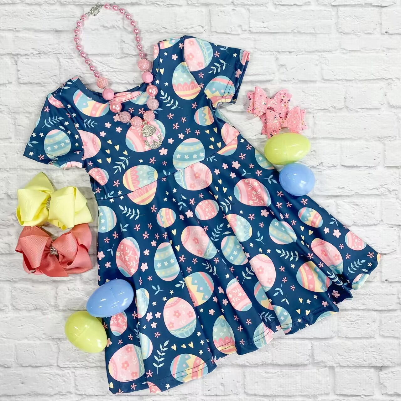 Short sleeves floral eggs kids girls easter dresses