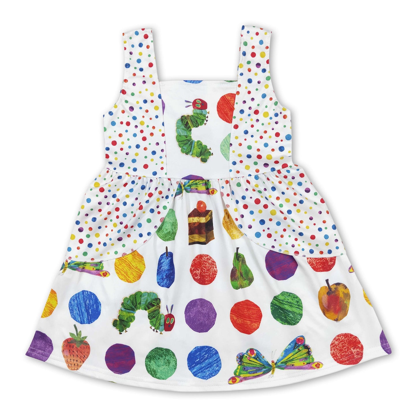 Green polka dots butterfly caterpillar girls summer dress