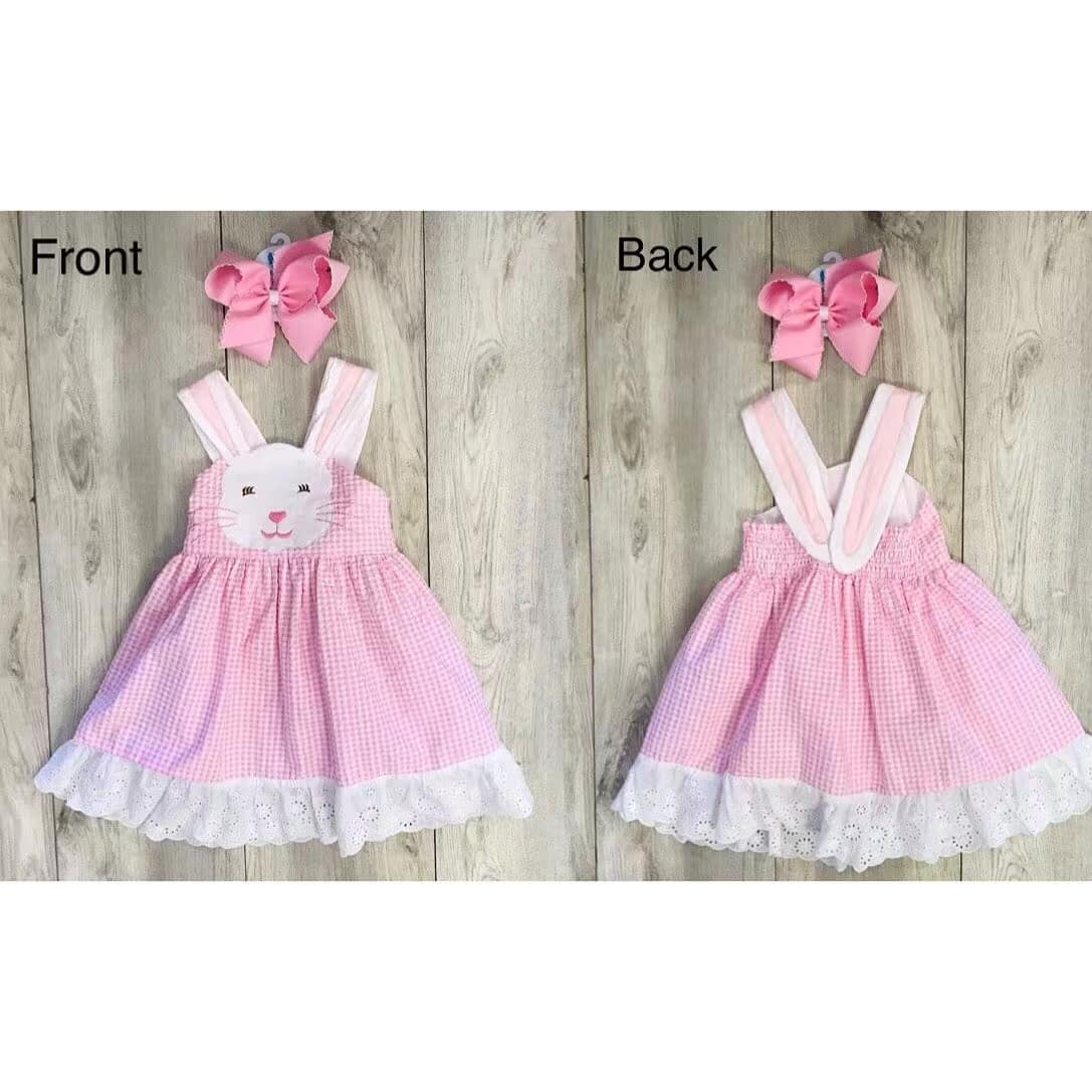 Bunny sleeveless pink plaid ruffle girls easter dresses