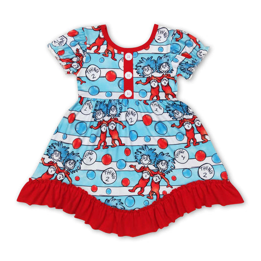 Short sleeves blue stripe cat hat ruffle girls dresses