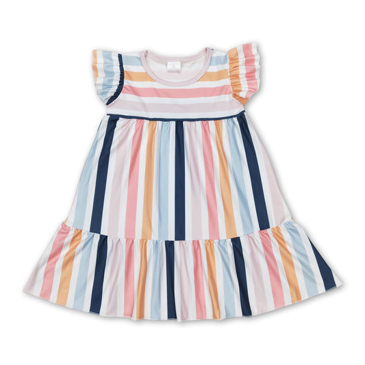 Flutter sleeves colorful stripe kids girls summer dresses