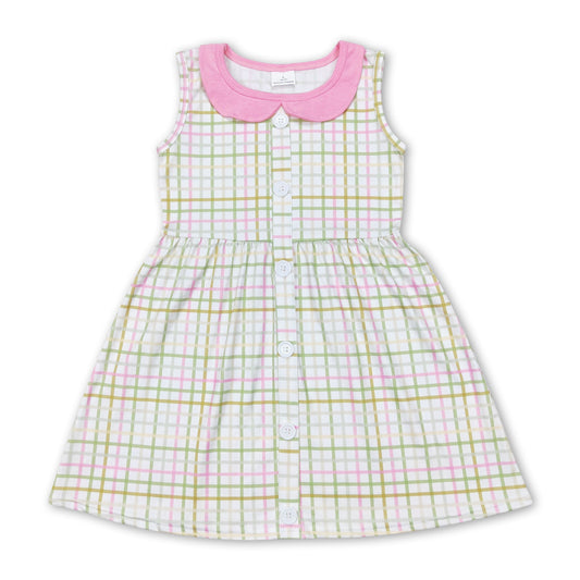 Sleeveless green pink plaid kids girls spring dresses