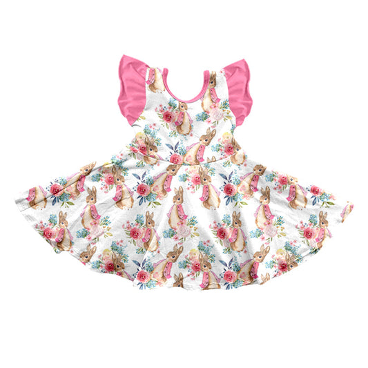 Pink flutter sleeves rabbit floral baby girls easter dress