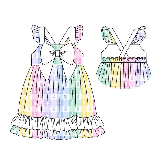 Colorful plaid rabbit ruffle baby girls easter dresses