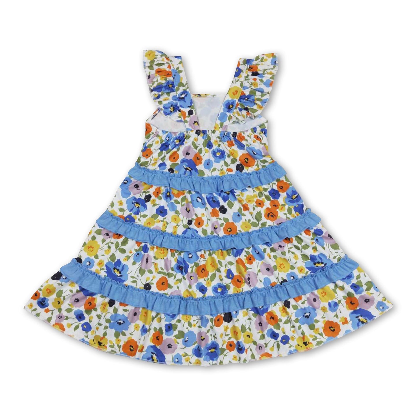 Flutter sleeves blue floral ruffle girls summer dresses