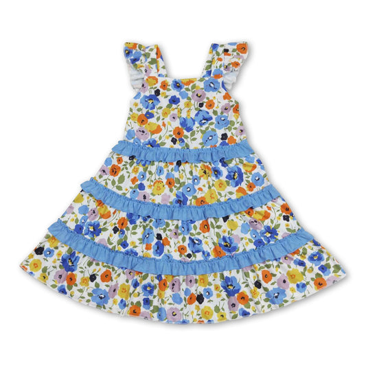 Flutter sleeves blue floral ruffle girls summer dresses