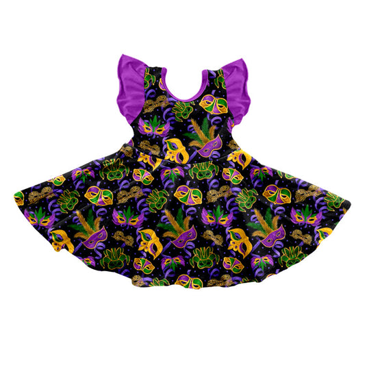 Purple flutter sleeves girls mardi gras dresses